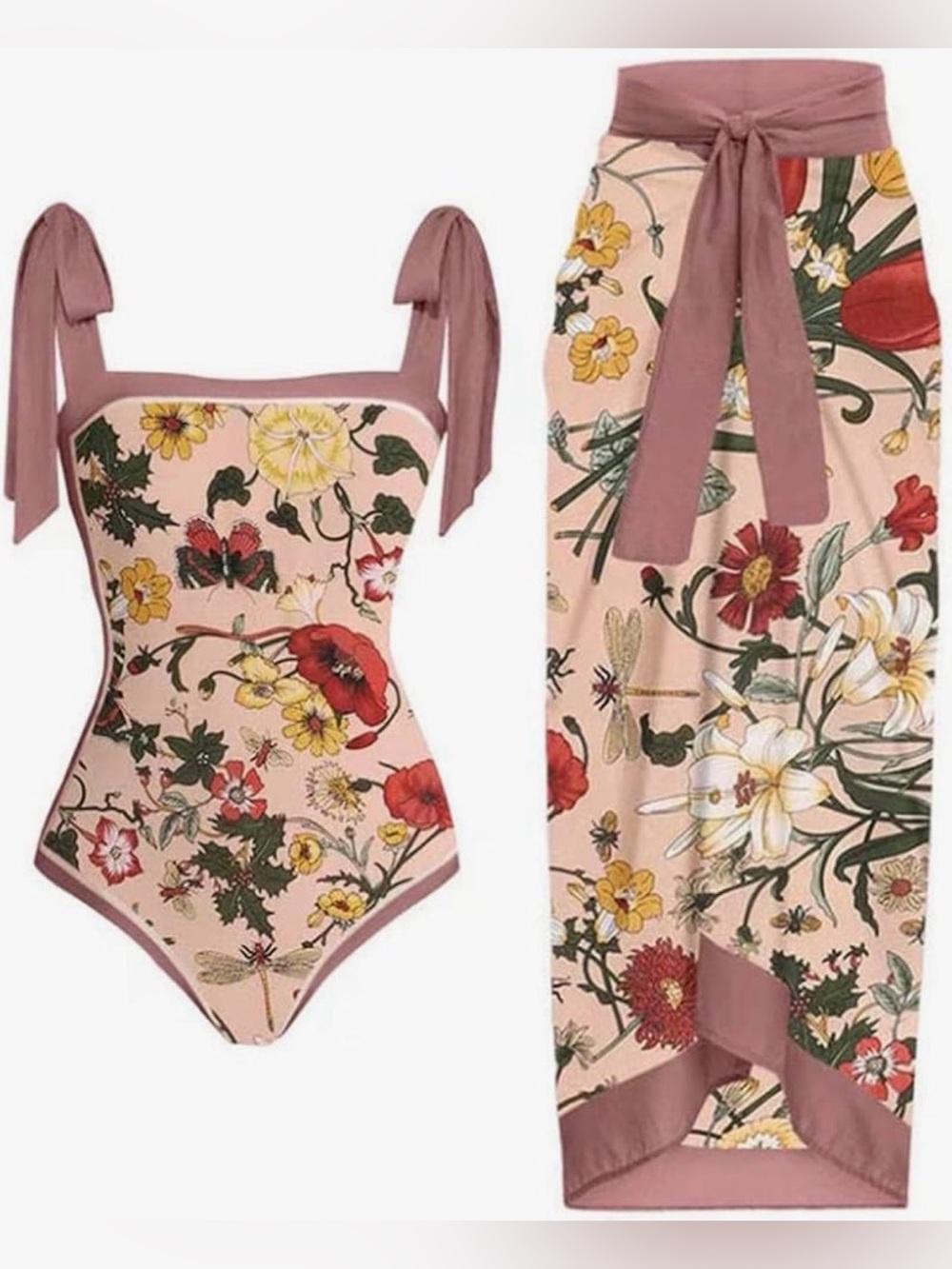 Rose Floral One-Piece Swimsuit with Matching Silky Sarong - M